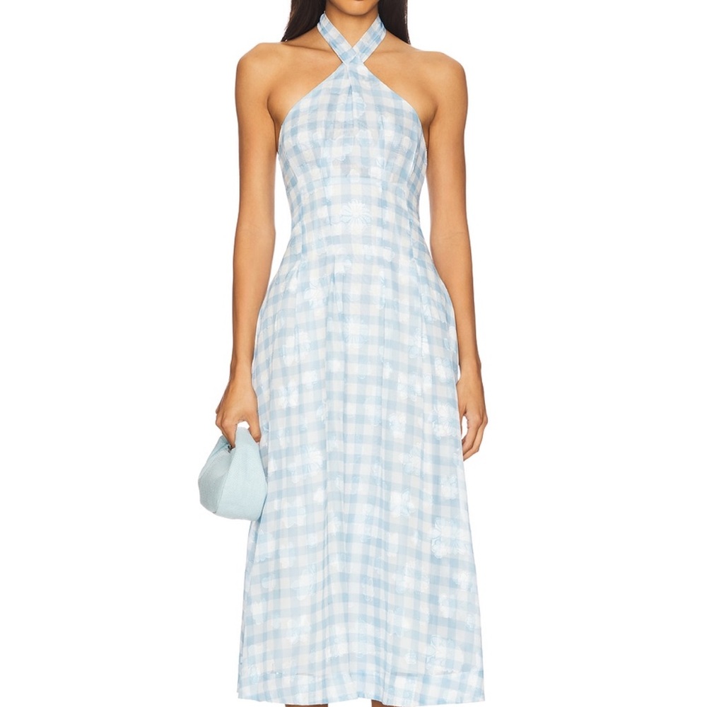 For Love And Lemons Claudette & Gingham Midi Blue Dress